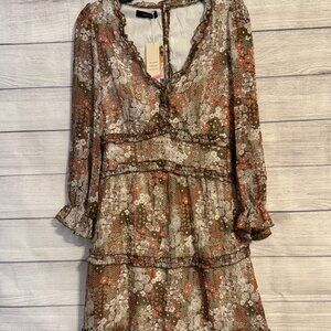 Dokotoo Floral Print Tiered Ruffle Mini Dress Women’s M Brown Orange NWT